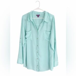 Beverly Drive Aqua Blouse Size 3X Lightweight Button Front Shirt